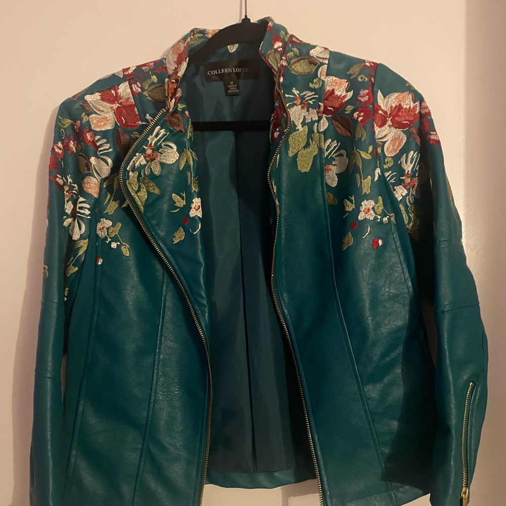 Teal leather jacket with floral embroidery